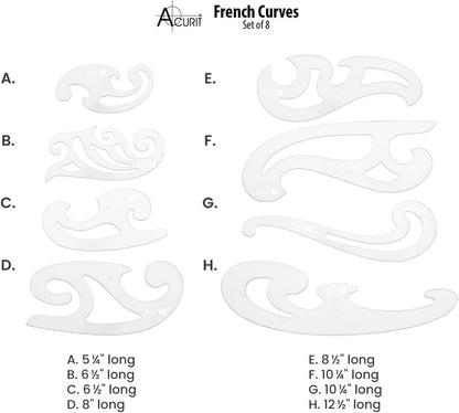 Acurit French Curve Set of 8 – Clear Plastic Drawing Templates for Sewing, Pattern Making, Drafting, Fashion Design, Architecture, Graphic Illustration – Smudge-Free Inking Edges