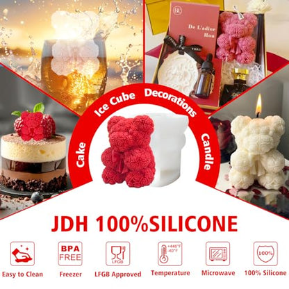 3D Bowtie Rose Teddy Bear Silicone Candle Mold for DIY Soap & Resin Crafts