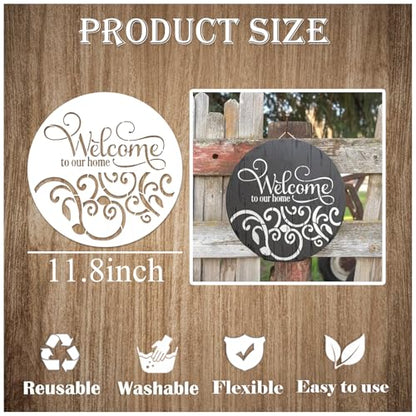 9 Pcs Welcome Stencils for Painting on Wood Reusable Round Home Sweet Home Stencil Large Hello Fall Templates for Door Hanger Canvas DIY Crafts (9 Count)