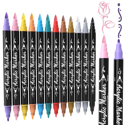 12 Colors Precision Brush & Fine Dual Tip Acrylic Paint Markers Pens (12 Count)