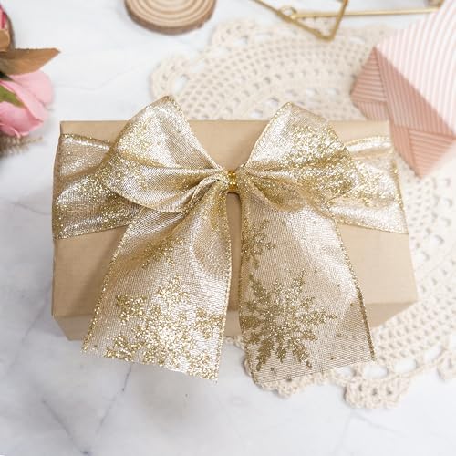 Champagne Gold Metallic Fabric with Gold Snowflake Wired Ribbon 2.5 Inch x 10 Yards for Christmas Home Decor Tree Topper Bow Gift Wrapping DIY Crafts Wreath Garland (30 Foot)