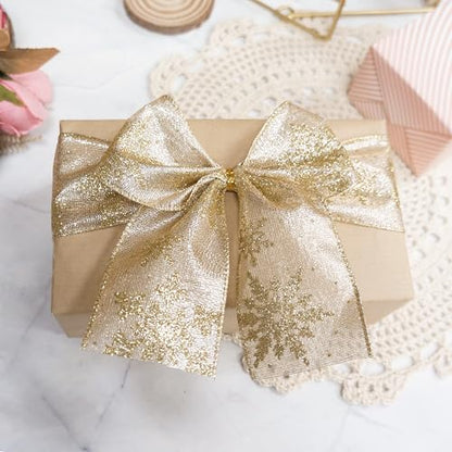 Champagne Gold Metallic Fabric with Gold Snowflake Wired Ribbon 2.5 Inch x 10 Yards for Christmas Home Decor Tree Topper Bow Gift Wrapping DIY Crafts Wreath Garland (30 Foot)