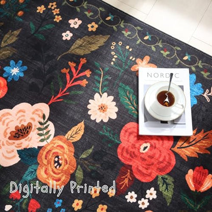 Round Rug 4ft Washable Circle Rug Non Slip Low Pile Boho Floral Small Circular Rug for Bedroom