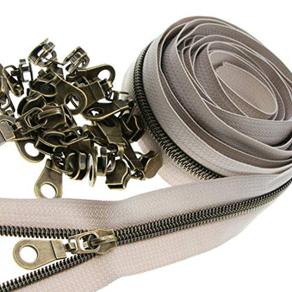 5 Beige Zipper Tape Antique Brass Teeth Metallic Nylon Coil Zipper by The Yard Bulk 10 Yards with 25pcs Brass Sliders Long Zippers for DIY Sewing Tailor Craft Bag