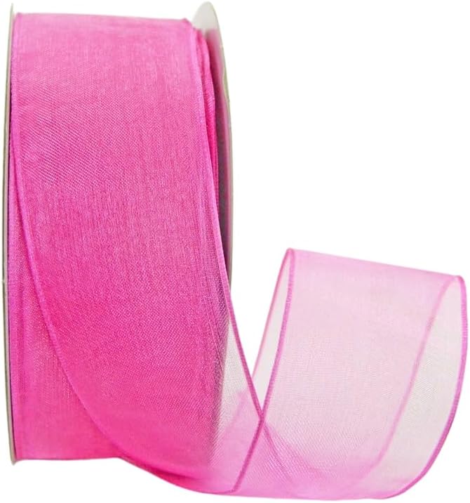 Ribbon Bazaar Sheer Organza Wired Ribbon - 100% Polyester Wire Edged Ribbon for Floral Decor, Table Arrangements, Apparel Embellishment & More - 2-1/2" Hot Pink 50yd - Crafty Corner