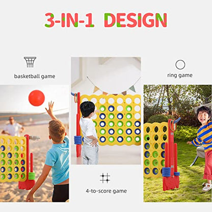 Giant 4-in-a-Row Game with Carry Bag, 3-in-1 Jumbo 4-to-Score Outdoor Yard Game with Basketball Hoop, Ring Toss, Quick-Release Slider, 42 Rings, Family Party Game for Kids & Adults