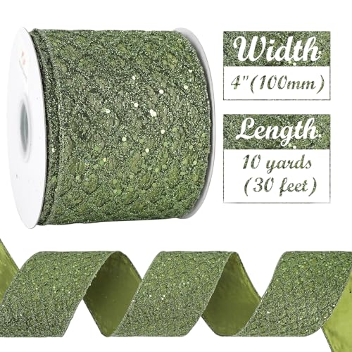 Glitter Moss Green Diamond Wired Christmas Ribbon 4" x 10 Yds (30 Foot)