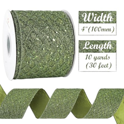 Glitter Moss Green Diamond Wired Christmas Ribbon 4" x 10 Yds (30 Foot)