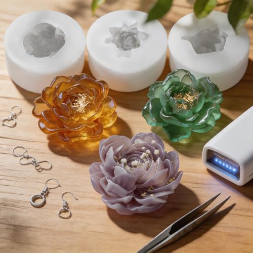 3Pcs 3D Jasmine Peony Flower Silicone Molds for Candle & Soap DIY Craft (3 Count)
