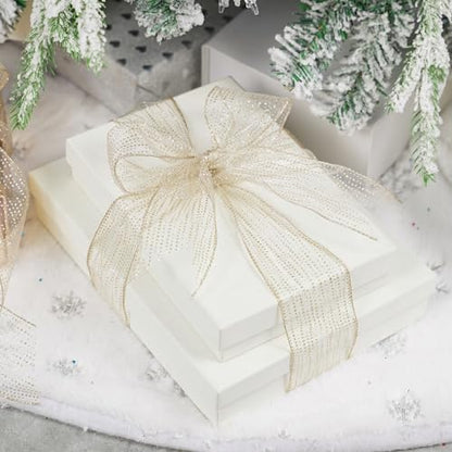 Champagne Gold Wired Ribbon 2.5 Inch Horizontal Stripes Glitter Polka Dot Christmas Ribbon Organza Sheer Ribbons 25 Yards Champagne Gold Glitter Ribbons for Christmas Tree (75 Foot)
