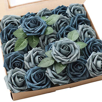 Artificial Flowers 25pcs Real Looking Dusty Blue Foam Fake Roses with Stems for DIY Wedding Bouquets Bridal Shower Floral Centerpieces Party Tables Decorations (25 Count)