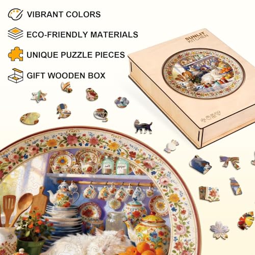 Sunlit Cat Kitchen Puzzles Adults Gifts Wooden 200 Pieces 11.4 * 11.4in (200 Count)