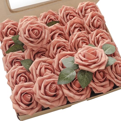 Artificial Flowers 25pcs Real Looking Dusty Pinky Cedar Foam Fake Roses with Stems for DIY Wedding Bouquets Bridal Shower Centerpieces Floral Arrangements Party Tables Home Decorations (25 Count)