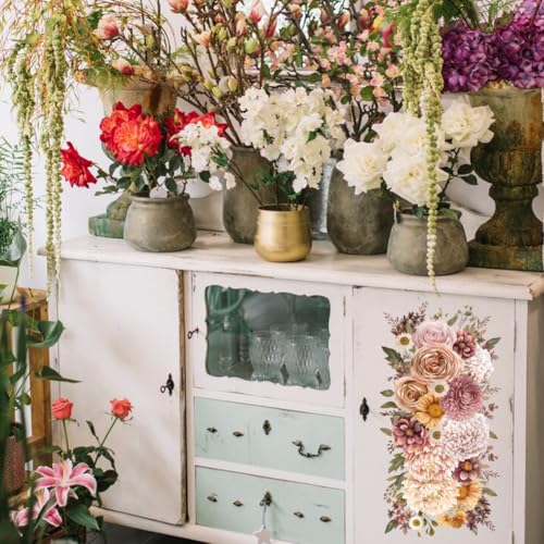 4 Sheets Pink Vintage Bouquet Rub on Transfer for Furniture 11.8x5.9inch Flowers and Plants Rub on Transfer Sticker Daisy UV Self Adhesive Decals Wall Art Craft for Home Decor (4 Count)