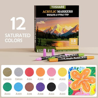 12 Colors Precision Dual Tip Acrylic Paint Markers Pens (12 Count)
