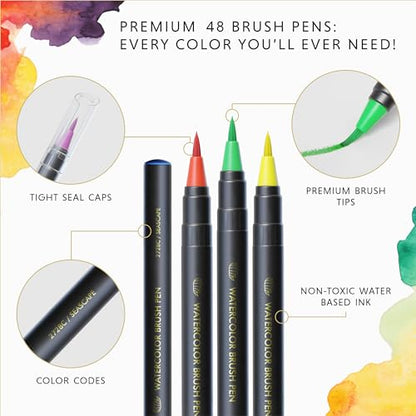48 Premium Watercolor Pens +2 Highly Blendable Watercolor Markers (50 Count)