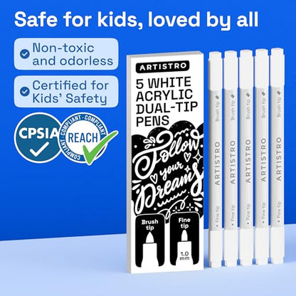 5 White Dual Tip Acrylic Paint Marker Pens for Drawing (5 Count)