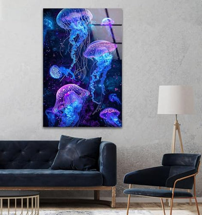 Round 31 5'' Glowing Jellyfish Glass Wall Art Tempered Glass Printing Wall Decor Large Wall Art Wall Hangings
