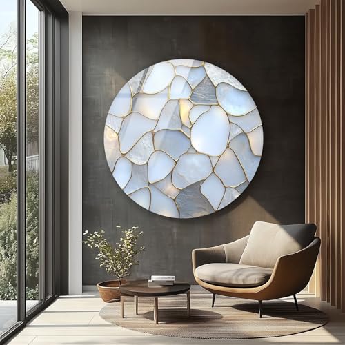 31.5''(80cm) Diameter White Stone Mosaic Round Glass Wall Art Tempered Glass Printing Wall Decor Large Wall Art Wall Hangings