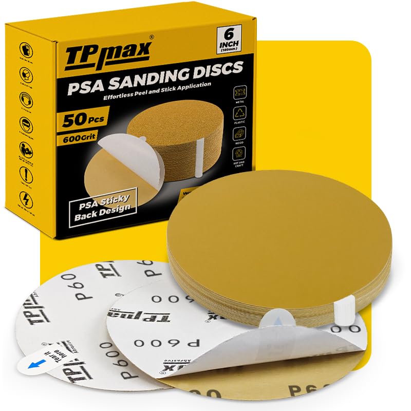 6-Inch 600-Grit Gold PSA Sanding Discs, 50 Pack – Pro-Grade Self-Adhesive Stickyback Sandpaper with Quick-Release Tabs for DA Sander, Micro-Finishing Automotive/Wood/Metal Sanding (50 Count)