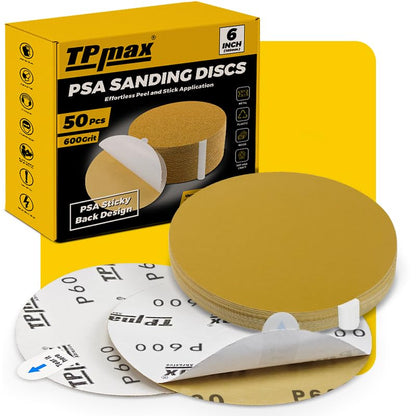 6-Inch 600-Grit Gold PSA Sanding Discs, 50 Pack – Pro-Grade Self-Adhesive Stickyback Sandpaper with Quick-Release Tabs for DA Sander, Micro-Finishing Automotive/Wood/Metal Sanding (50 Count)