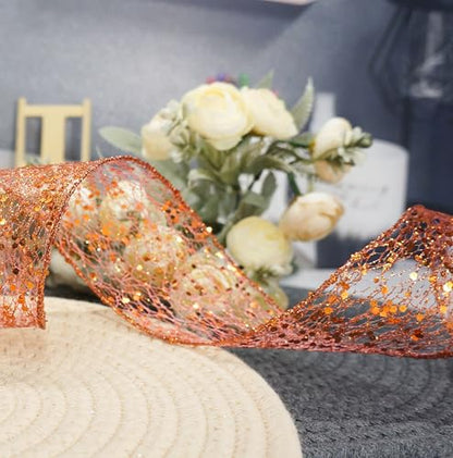 Sparkling Glitter Mesh Wired Ribbon 2.5" x 10 Yards Bronze Orange for Christmas Home Decor Bow Gift Wrapping DIY Crafts Wreath (30 Foot)