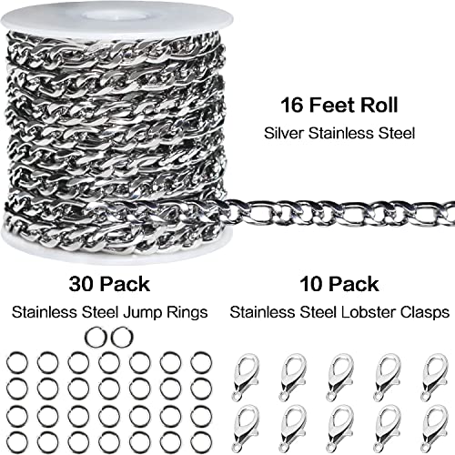 16ft Figaro Chain Roll 6mm Silver Stainless Steel Necklace Chain for Jewelry Making