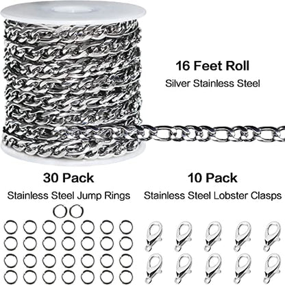 16ft Figaro Chain Roll 6mm Silver Stainless Steel Necklace Chain for Jewelry Making