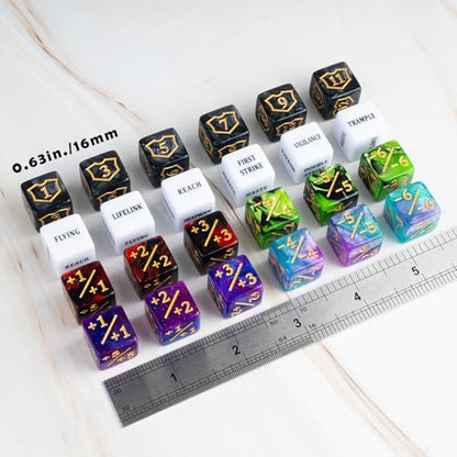 63 Pieces MTG Dice Counters Bulk Ability Keywords MTG Tokens Shield Life Counter 6 Sided Dice Set for Magic The Gathering (63 Count)