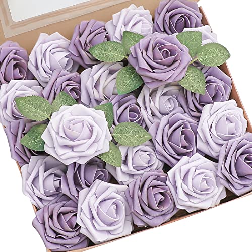 Artificial Flowers 25pcs Real Looking Lavender African Violet Purple Foam Fake Roses with Stems for DIY Wedding Bouquets Bridal Shower Centerpieces Floral Arrangements Party Tables Decorations (25 Count)