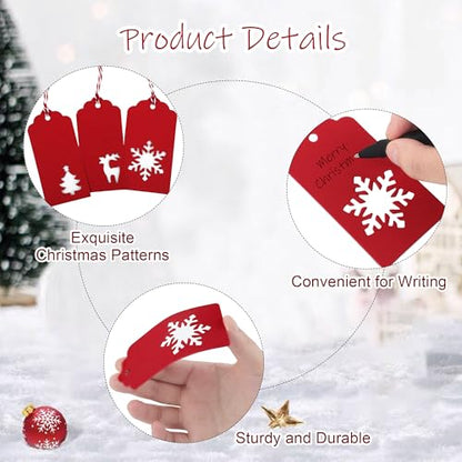 150 Pieces Christmas Paper Gift Tags Red Kraft Tags Hang Labels Christmas Tree Snowflake Reindeer Design with 30 Meters Twine for Christmas DIY Wrapping Favor Holiday Present