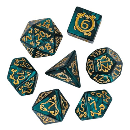 7 Die DND Dice Set Dragon Pattern Polyhedral Die with Leather Bag (7 Count)