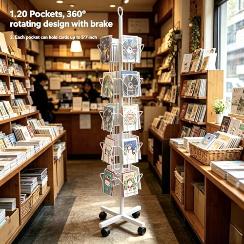 White Greeting Card Display Rack Rotating Flyer Stand 20 Pocket
