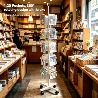 White Greeting Card Display Rack Rotating Flyer Stand 20 Pocket