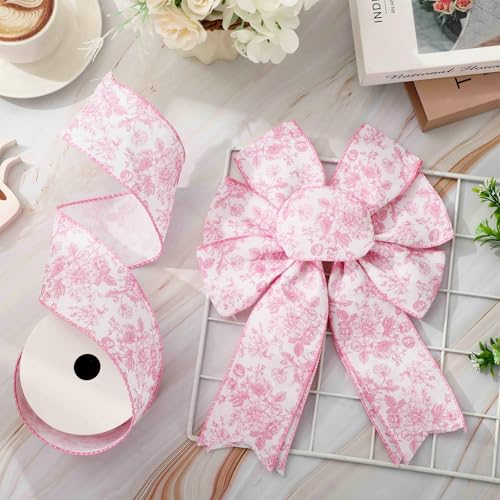 Floral Wired Edge Ribbon Roll Pink Flower Chinoiserie Fabric Ribbon for Wreath Bow Making DIY Crafts Gift Wrapping
