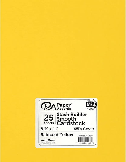 PA Paper Accents Stash Builder Cardstock 8.5" x 11" Raincoat Yellow, 65lb colored cardstock paper for card making, scrapbooking, printing, quilling and crafts, 25 piece pack