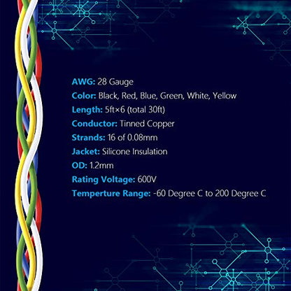 28 AWG Stranded Wire Spool 5ft Each 6 Colors (30 Foot)