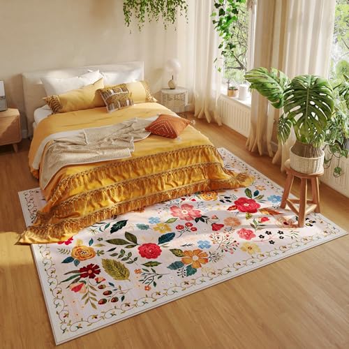 Living Room Rug 6x9 Rug Machine Washable Boho Area Rug Non Slip Floral Vintage Low Pile Large Rug for Living Room