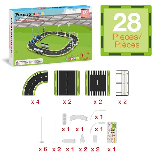 Magnet Tile Building Block Construction Toy Set Street Sign Traffic Kit Highway Road Race Track with Bumper Barricade Accessory Sticker Education Magnetic Tiles Kids Age 3+ PTR03