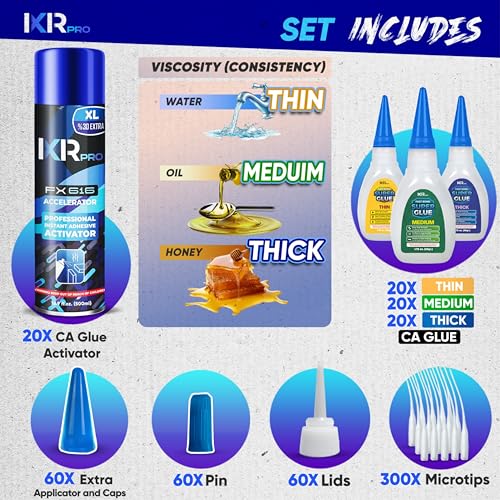 CA Glue with Activator 20x Thin Medium Thick Glue Kit 20x16.9oz Accelerator