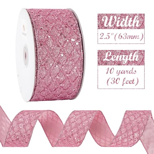 Pink Glitter Diamond Wired Christmas Ribbon 2.5 inch x 10 Yards (30 Foot)