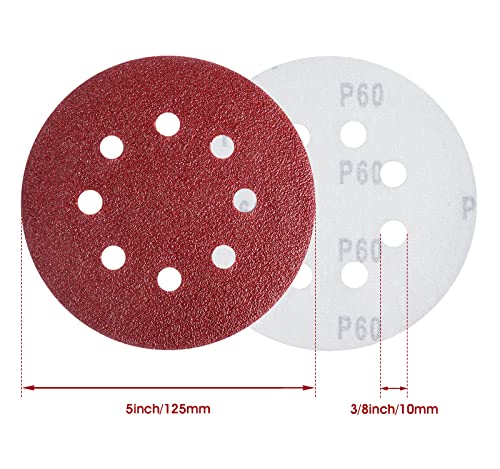 5 Inch 8 Hole Hook and Loop Sanding Discs 60 Grit Random Orbit Sandpaper (150 Count)