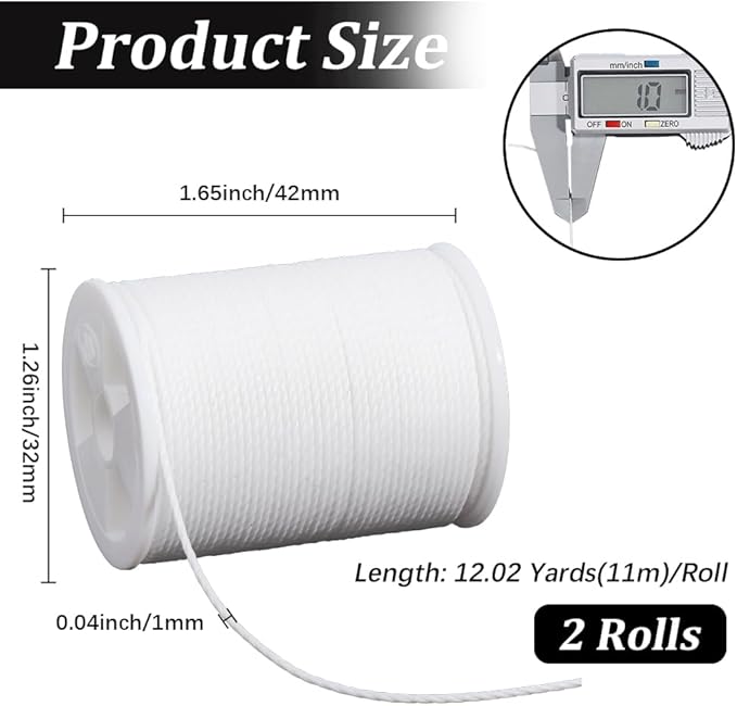 2 Rolls 24 Yards 1MM Round White Wax String Waxed Beading Rope Polyester Taiwan Twist Cord Sturdy Thread Strings for Jewelry Making Bracelet Necklaces Waist Macrame Vase Decor Supplies