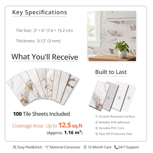 100 Pieces Peel and Stick Backsplash for Kitchen (12.5 Sq Ft)