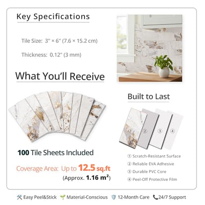 100 Pieces Peel and Stick Backsplash for Kitchen (12.5 Sq Ft)