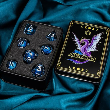 DND Resin Dice Dragon Eye Dice Liquid Core Blue Sharp Edged Dice Set with Gift Box