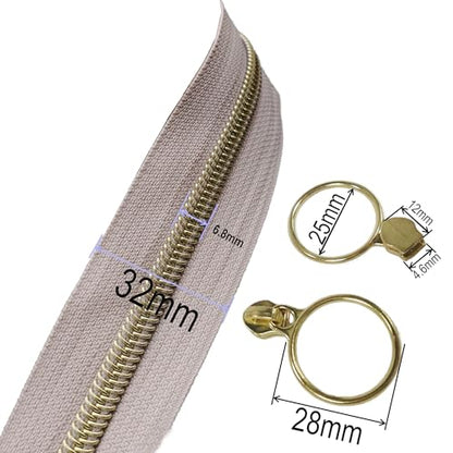 5 Gold Metallic Nylon Coil Zippers by The Yard Bulk 10 Yards Beige Zipper Tape with 25pcs Gold Ring Pull Sliders for DIY Sewing Tailor Craft Bag (25 Count)