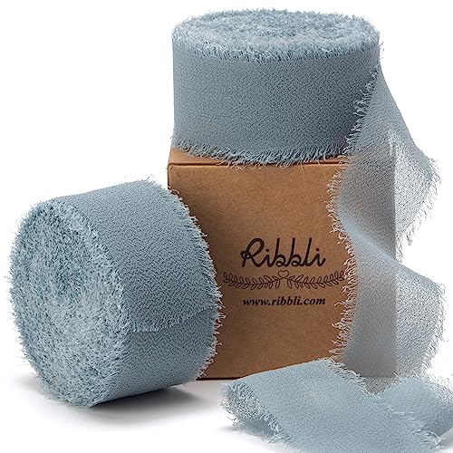 Slate Blue Chiffon Ribbon 1 Inch x 20 Yard Handmade Fringe Chiffon Silk Ribbon for Gifts Wrapping (60 Foot)