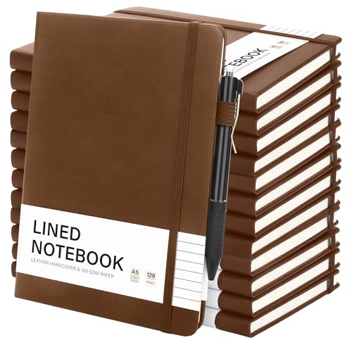 12 Set Lined Notebook Journals with Pens A5 Notebooks 100 GSM College Ruled Hardcover Notebook PU Leather Notepad with Pen Holder for Office School (60 Count)