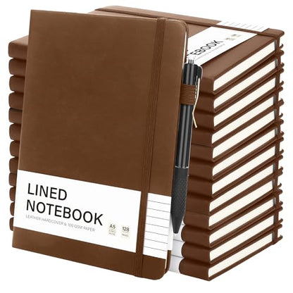 12 Set Lined Notebook Journals with Pens A5 Notebooks 100 GSM College Ruled Hardcover Notebook PU Leather Notepad with Pen Holder for Office School (60 Count)